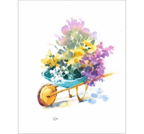 Wheelbarrow Original Watercolor Painting 8x10 inches Summer