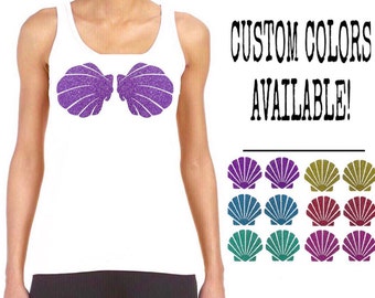 Adult MERMAID SHELL SHIRT, Tank Top, fitted, seashell bra, scoop neck, woman, women, running, marathon, purple, white, beach party sea theme
