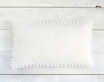White Pom Pom Lumbar Pillow Cover - Linen Look - 12" x 20" - Decorative Pillow, Throw Pillow, Pom Pom Pillow Cover, White Pillow