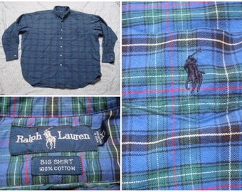 Vintage Retro Men's 90's Polo Ralph Lauren Big Shirt Blue Green Red Plaid Thick Buttonup Long Sleeve Shirt Cotton XL XXL