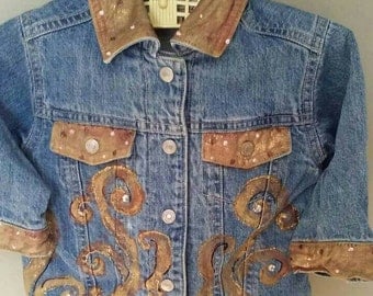 Painted girls jean jacket, vintage painted denim jean jacket babies custom painted jean jacket painted denim jacket