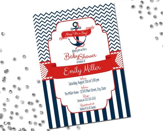 Nautical Baby Shower Invitation - Ahoy Its A Boy - Navy and Red - Chevron Stripes and Stripes -Printable Il_570xn