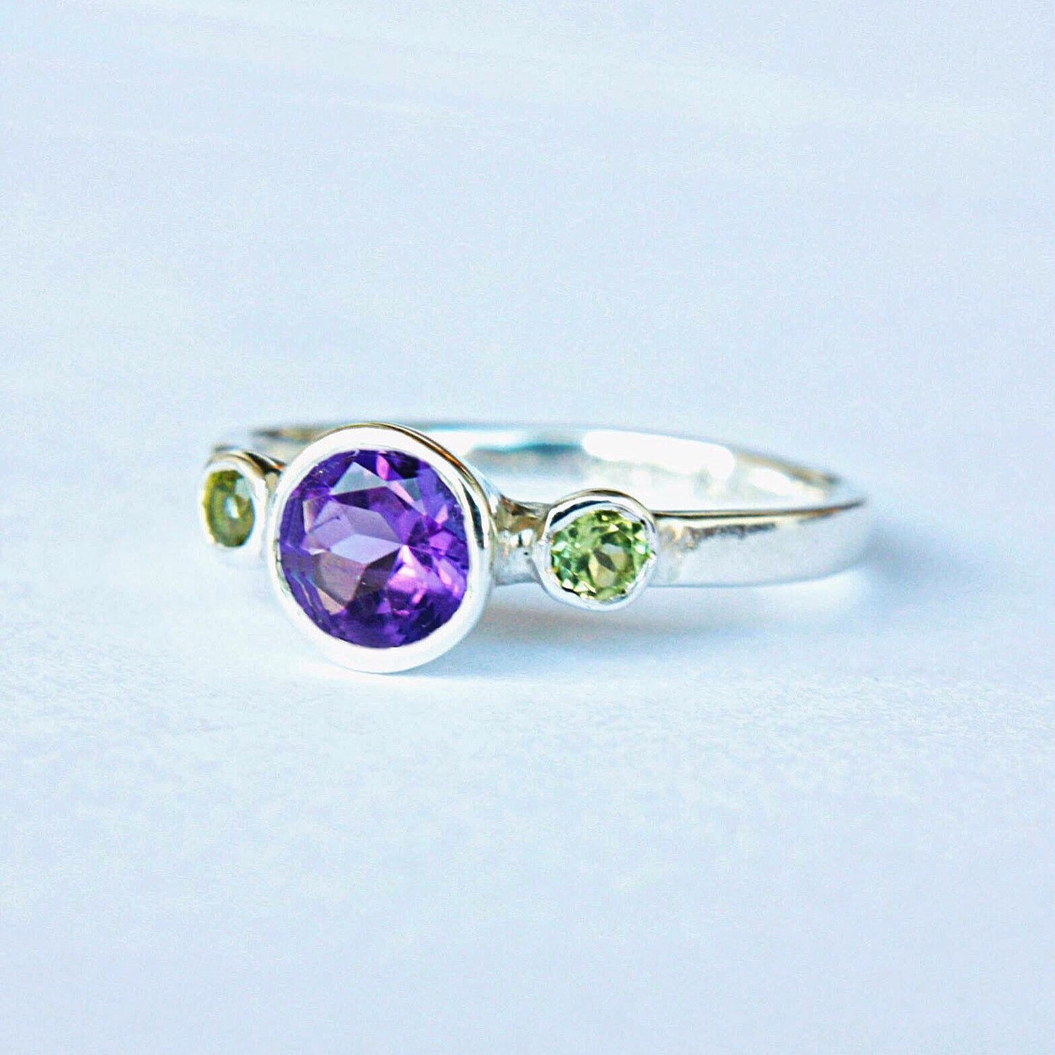 Amethyst and Peridot Ring Triple Stone Ring Sterling Silver