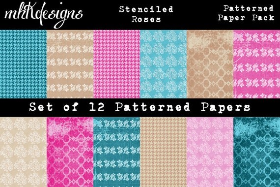 Stenciled Roses Digital Paper Pack