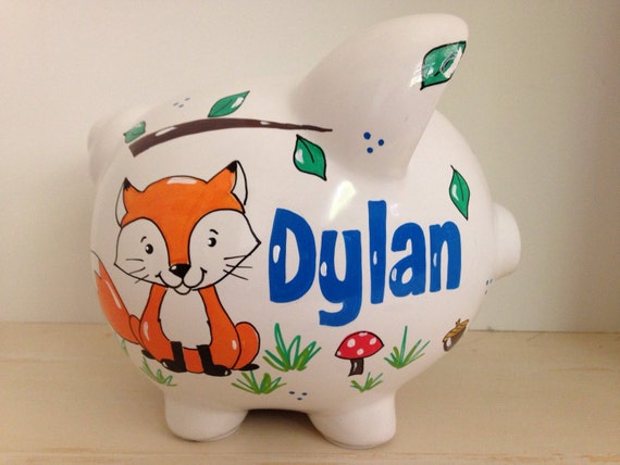 Personalized Hand Painted Piggy Bank With Woodland Animal