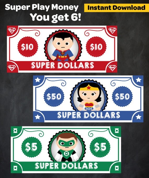 Superhero Play Money Batman party Superman birthday Wonder