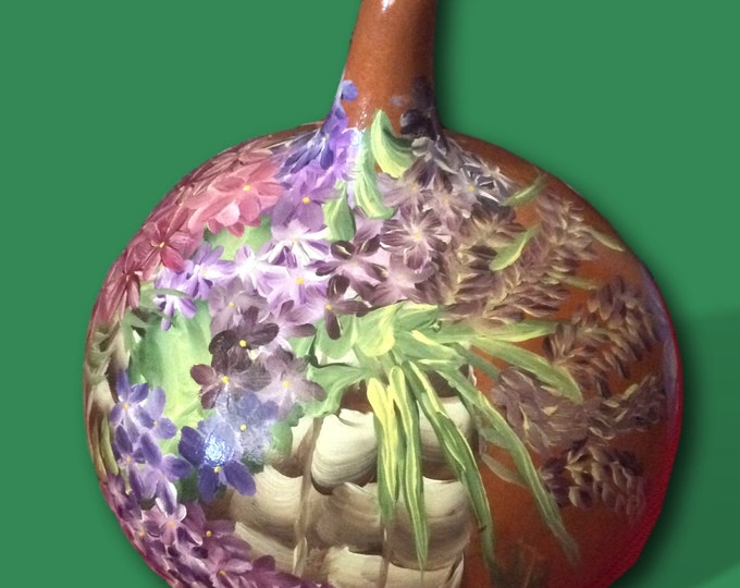 Hand Painted Gourd Art Country Home Decor Flowers in a Basket Signed by the Artist