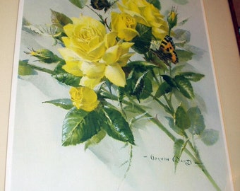 Yellow Cabbage Roses and Butterflies Vintage Floral Bouquet Still Life Picture Artist Vernon Ward Lithograph Print Yard Long Frame Decor