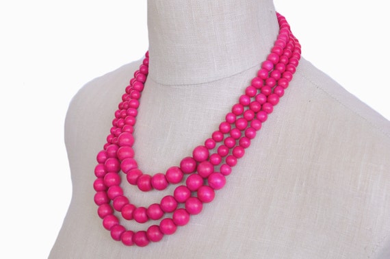 hot pink necklace / 3 strand hot pink beaded necklace / hot