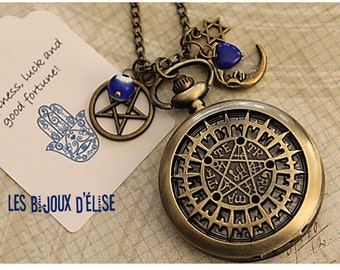 Tetragrammaton Pocket Watch Pendant Necklace Isoteric Victorian Style Bronze Antique