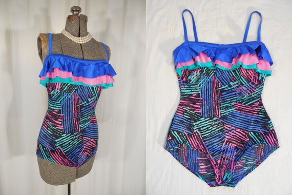 Vintage 1980s Swimsuit 80s Blue Pink High Cut Swimsuit