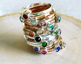 Personalized Birthstone Rings - New Mom Stacking Rings - Child's Birthstone Ring, Sterling Silver Ring - Mother's Ring - Hip Mom Jewelry