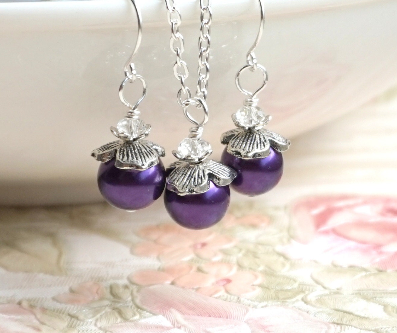 Purple Bridesmaid Jewelry Set of Necklace Earrings Dark Purple