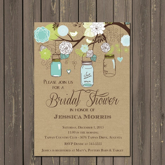 Mason Jar Bridal Shower Invitation, Teal Mason Jar Shower Invitation, Rustic Tree Branch Bridal Shower Invite, Burlap and Teal Il_570xn