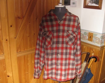 Vtg 60s wool Pendleton Red Brown Gray plaid Wool Loop Collar Board Shirt LG Free ship