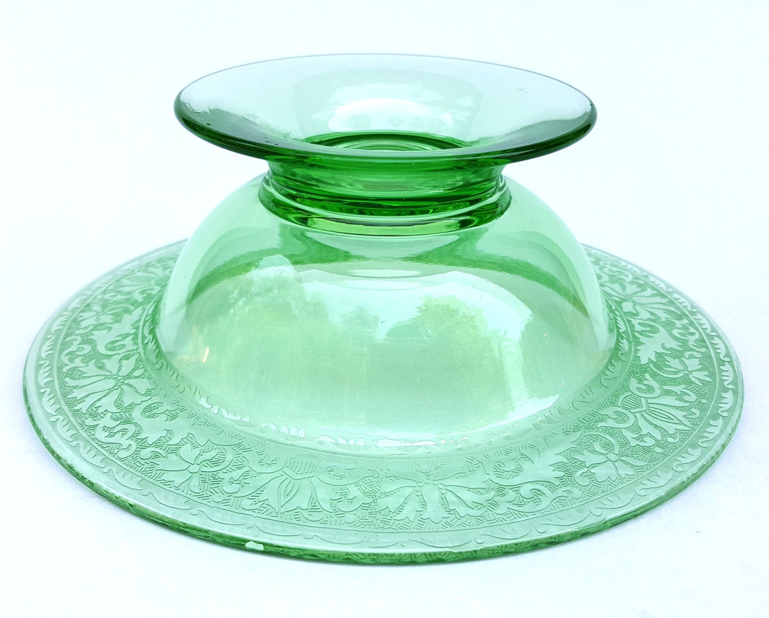 Vintage Green Glass Compote Pedestal Footed Bowl Pretty