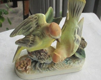 Vintage Yellow Green Birds Ceramic Figurine Japan