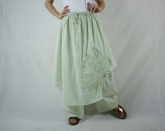 Pants With Skirt - Azo Free Color Light Green Light Cotton Pants With Skirt And Floral Applique & Handed Embroidery - P023