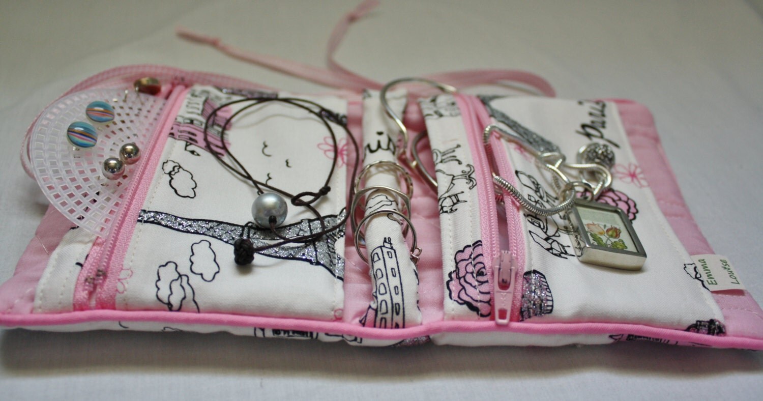 Small Travel Jewelry Pouch with 2 Zipper Pockets Ring Roll and