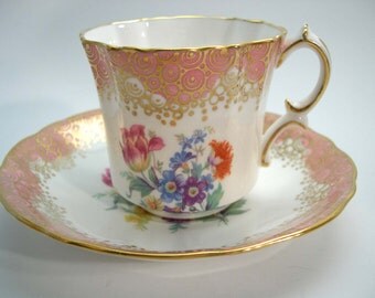 Antique Hammersley Tea Cup And Saucer, Pink and Gold Hammersley tea cup and saucer, Floral tea cup set.