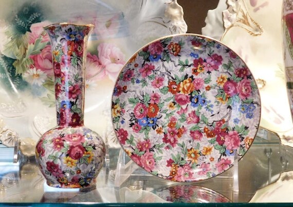 Chintz Pottery Cottage Chic Home Decor Romantic Roses Flowers Lord Nelson MARINA Pattern Bud Vase and Plate Art Deco 1930s Made In England