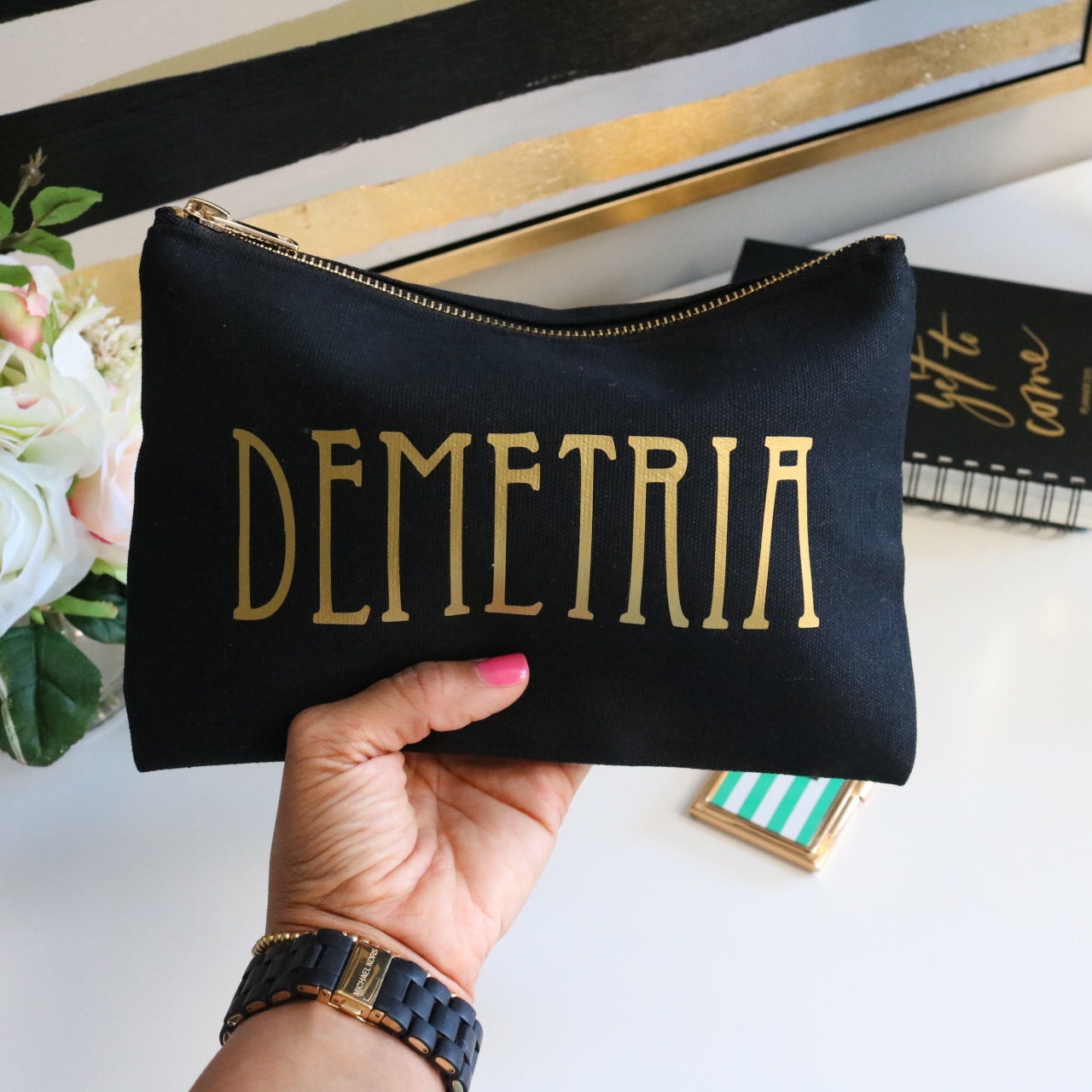 Cosmetic Bag Cotton Canvas Gold Monogram Bag