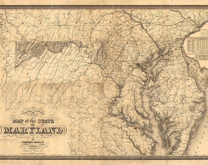 Map of Maryland Old Maryland Map, Maryland, Vintage Map, 1841 Restoration Hardware Style Maryland Wall art Maryland Map Chesapeake Bay map
