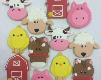 Farm Theme Cookie Favors - with Barn, Horse, Pig, Chick, Sheep, and Cow, Birthday Cookies, Baby Shower Cookies, Farm Animal Cookie Favors