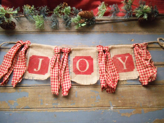 Burlap Banner -Christmas Garland - JOY - Banner - Rustic Christmas - Christmas Banner - Homespun  Rags Garland - Holiday Decor - Photo Prop