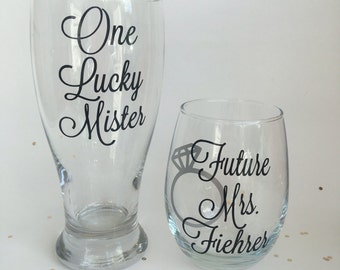 Mr and Future Mrs Glass Set, Personalized Engagement Gift, Bridal Shower Gift, Future Mrs Gift, Soon to be Mrs Gift, Engagement Party Gift