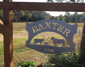 Metal Sign personalized with your name or farm name calf and cow and bull scene