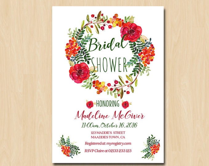 Autumn Bridal Shower Invitation // Floral Bridal Shower // Boho Shower // Printable Bridal Shower invitation // Floral Autumn Colors