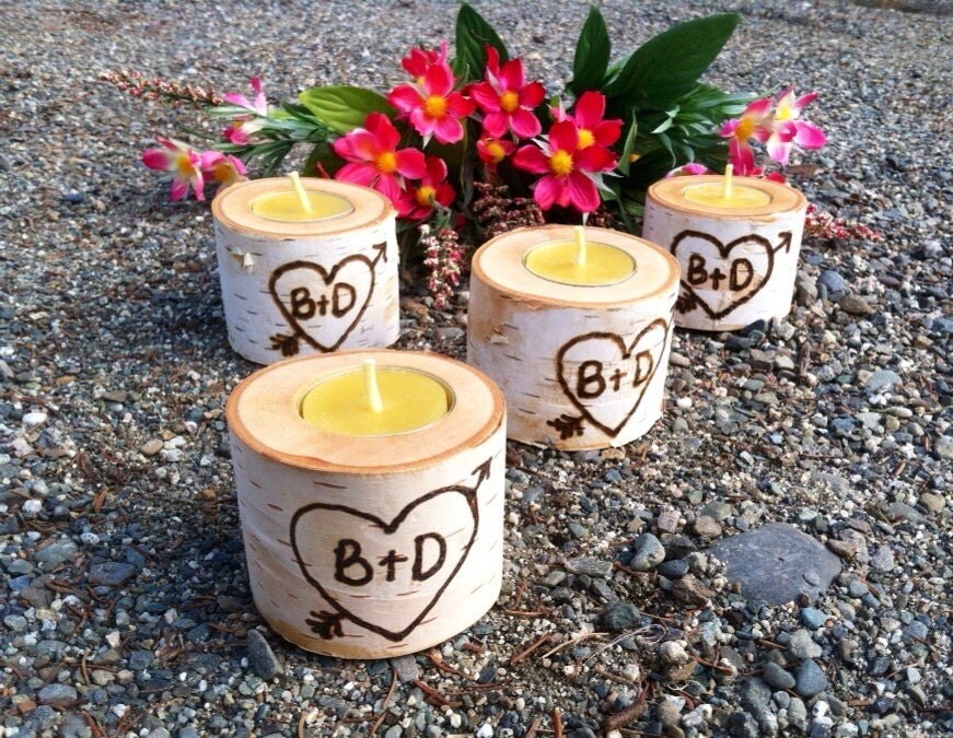 Set of 10 personalized Birch tea light holders