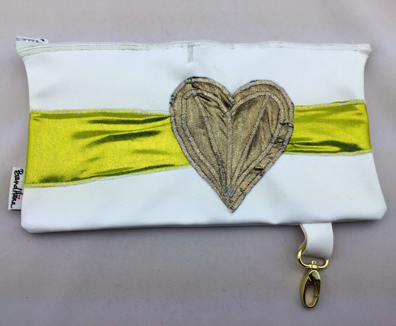 White Faux Vegan Leather Fanny Pack/Utility Belt or Clutch w/ Neon Green & Gold Heart Appliqué and Lime Polka Dot Interior by BandHäna