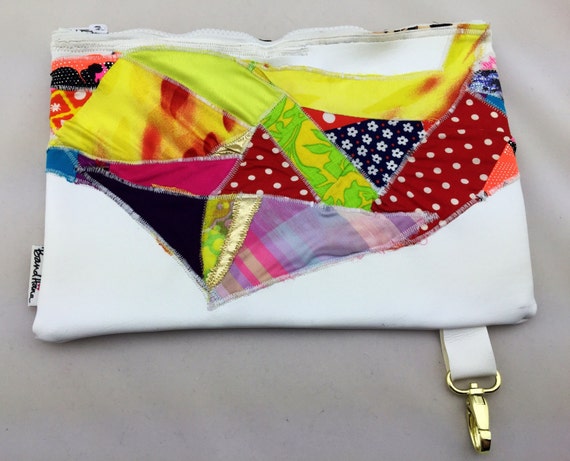 White Faux Vegan Leather Fanny Pack/Utility Belt or Clutch w/ Abstract Patchwork Appliqué and Leopard Print Interior by BandHäna