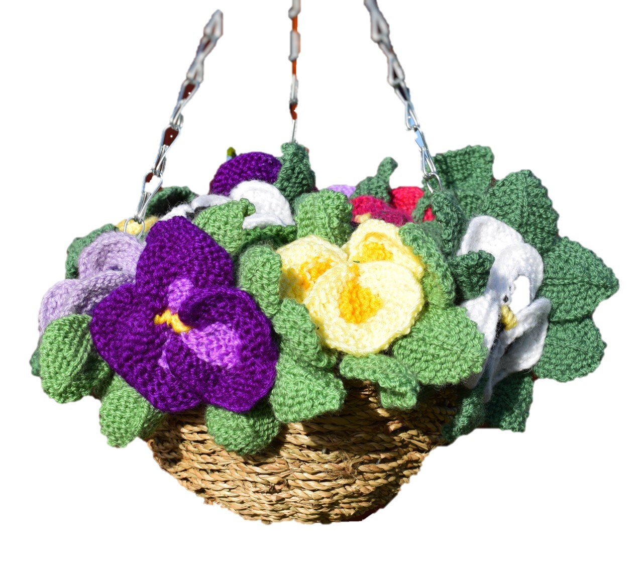Knitted pansy hanging basket, pansy knitting pattern, knitting pattern