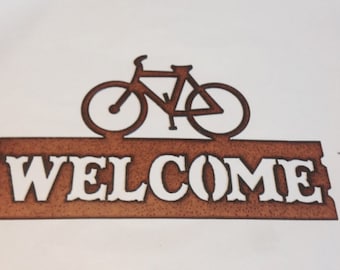welcome sign french bikers rusted bicycle metal recycled rustic bike