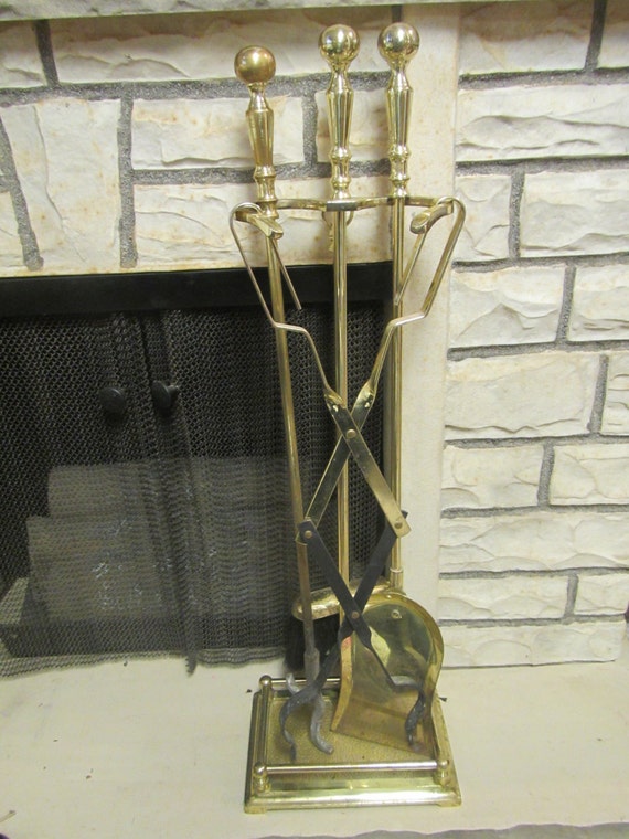 vintage Brass FIREPLACE TOOL SET shovelbroom log