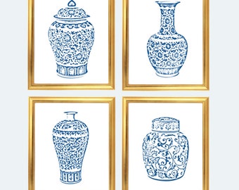 Blue and White Ginger Jar Digital Art Print, INSTANT DOWNLOAD, Blue and White Chinoiserie Vases Set of 4