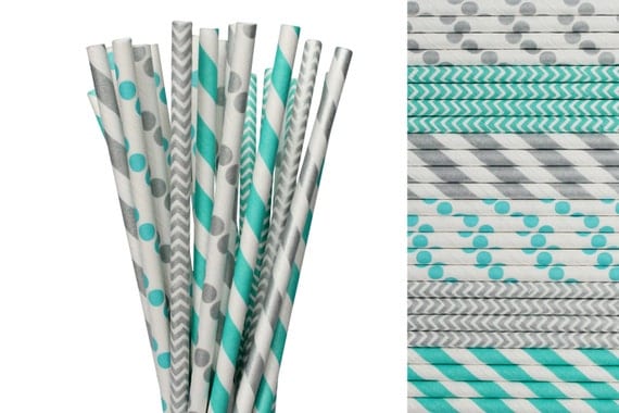 Aqua Blue and Silver Paper Straw Mix-Robins Egg Blue Straws-Silver Paper Straws-Winter Wonderland Party Straws-Ice Princess Birthday Decor Il_570xn