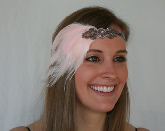 PINK headband, Great gatsby headpiece, 1920s dress, serre tete headband Mariage Gatsby Anne 20 Art Deco Feather Headpiece