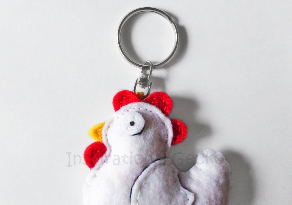 Felt chicken keychain cute white hen keyring and purse