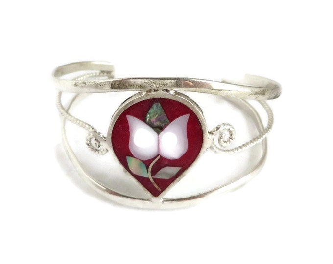 Alpaca Mexico Cuff Bracelet, Vintage MOP Inlay Red Flower Bracelet, Birthday Gift, Anniversary Gift, Xmas Gift