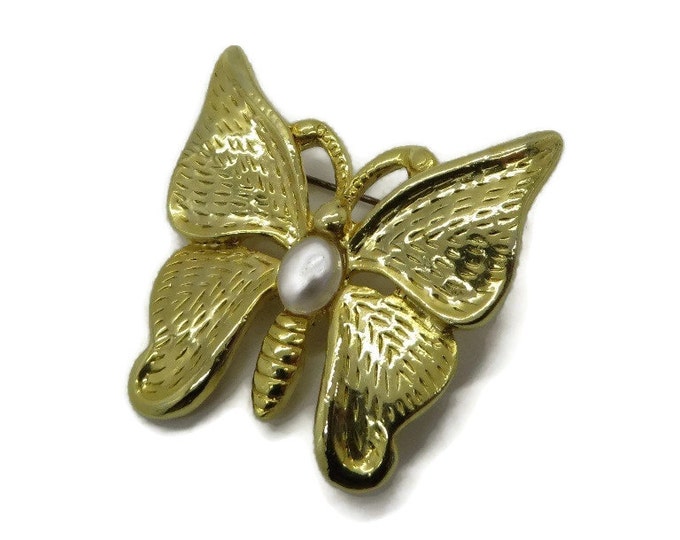 Vintage SFJ Butterfly Brooch, Gold Tone Faux Pearl Pin, Designer Signed Gift Idea