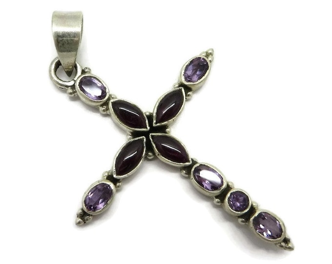 ON SALE! Vintage Amethyst and Garnet Sterling Silver Cross Pendant Necklace