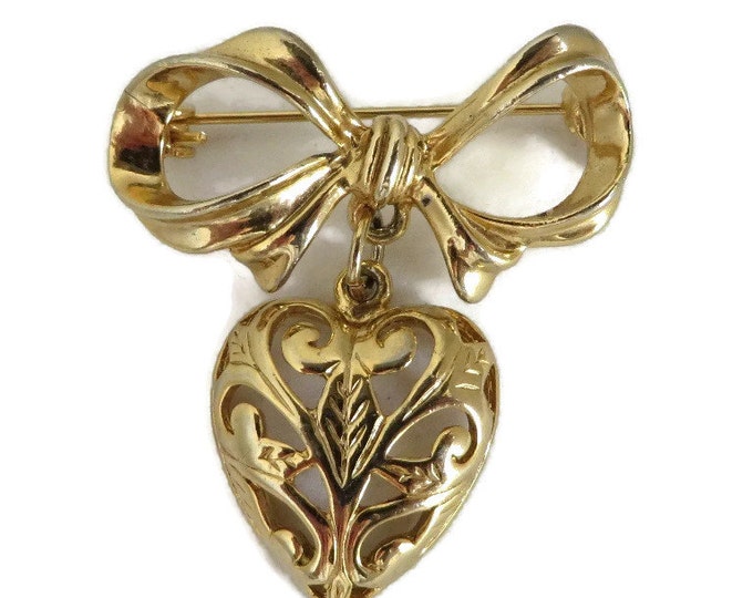 Dangling Heart Brooch, Vintage Gold Tone Bow and Heart Pin