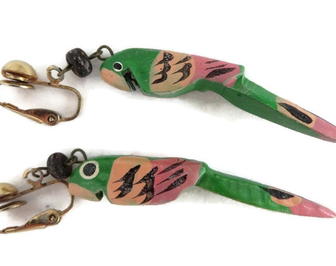 Green Parrot Earrings, Vintage Wood Parrot Dangling Clip-on Earrings