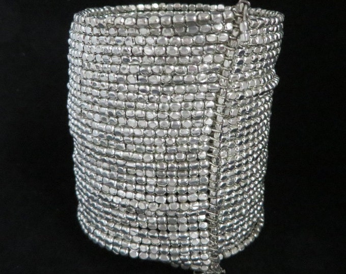 Chunky Wide Silver Tone Beaded Cuff Bracelet