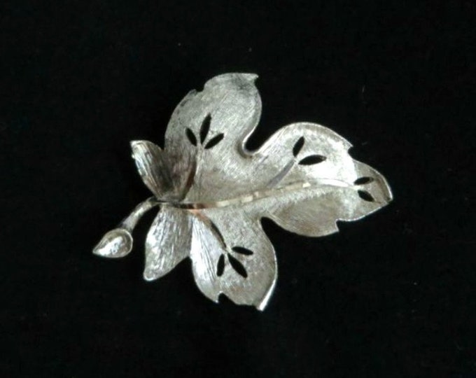 BSK Leaf Brooch, Vintage Silver Tone Openwork Leaf Matte Finish Signed BSK Pin