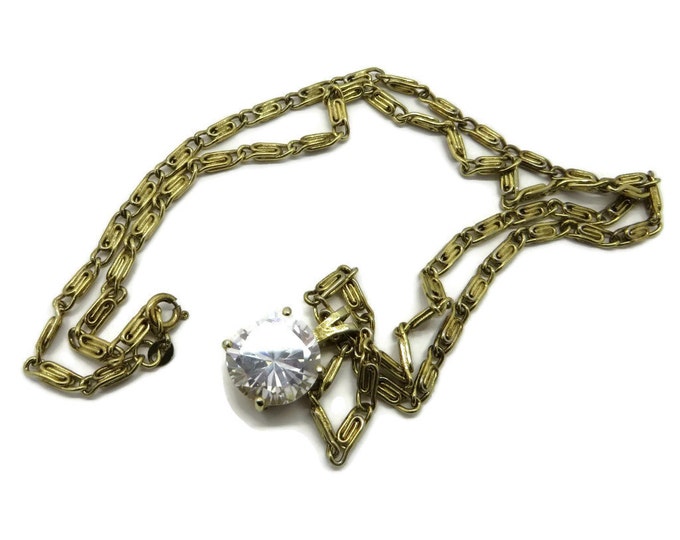 ON SALE! Rhinestone Pendant Necklace, Vintage Gold Tone Chain Link Necklace